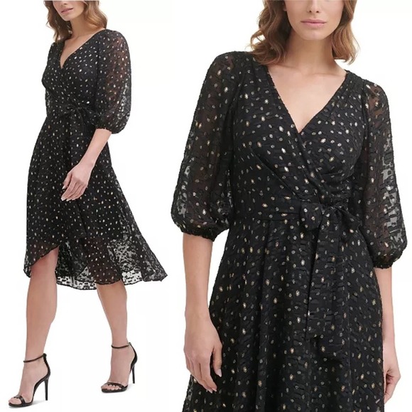 Dkny Dresses & Skirts - DKNY Metallic Clip Dot Faux Wrap Dress Gold Flecks Sleeve Midi Flattering Black